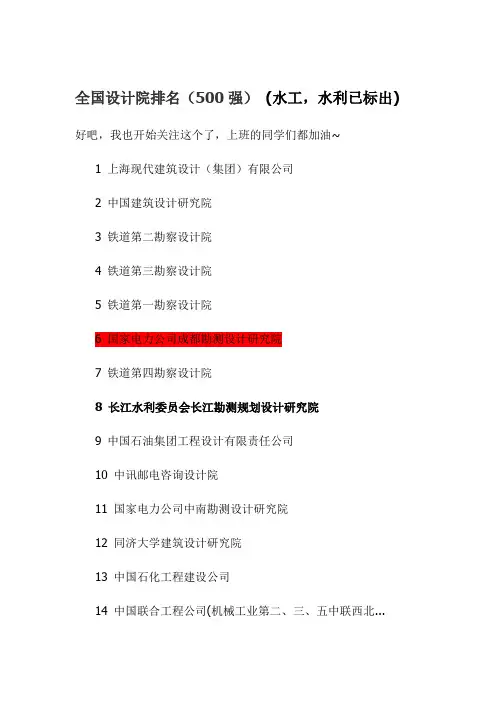 全国设计院排名(500强) (水工,水利已标出)