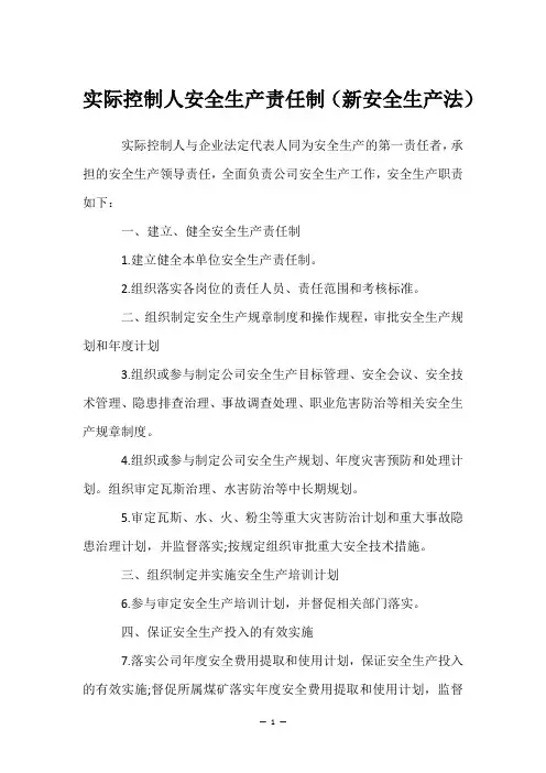 实际控制人安全生产责任制(新安全生产法)