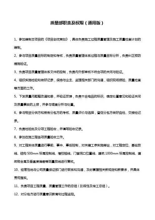 质量部职责及权限(通用版)