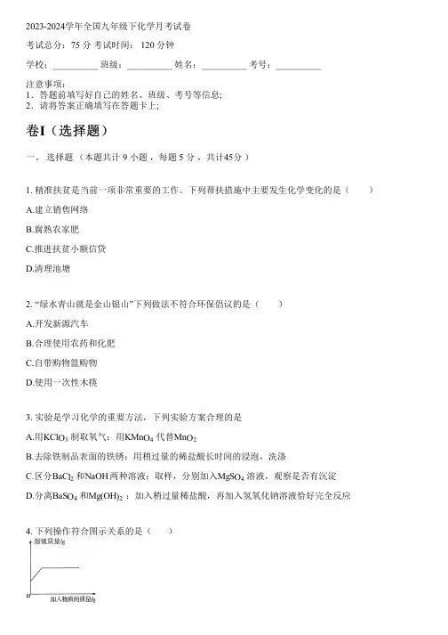 2023-2024学年全国初中九年级下化学人教版月考试卷(含解析)