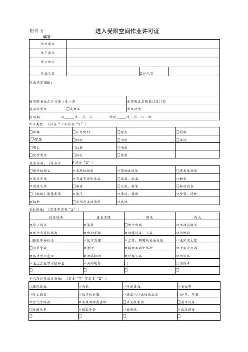 受限空间作业许可证