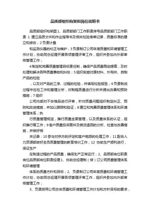 品质部组织构架和岗位说明书