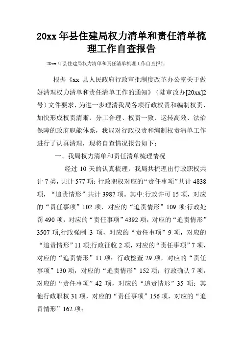 20xx年县住建局权力清单和责任清单梳理工作自查报告