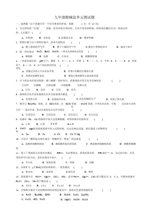 人教版九年级化学酸碱盐测试题(含答案)