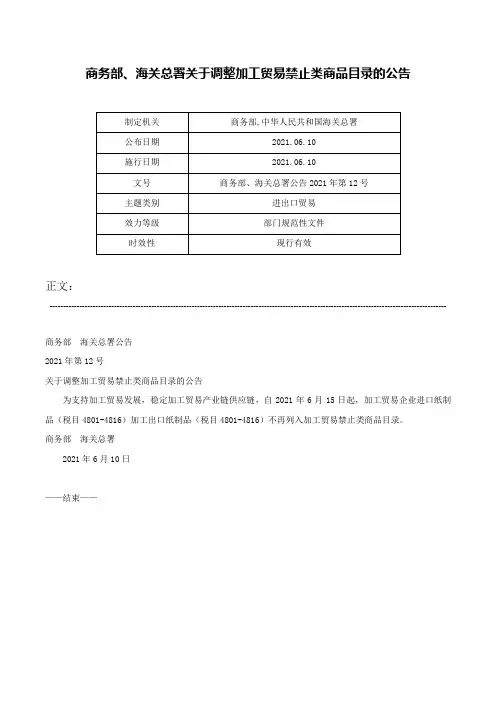 商务部、海关总署关于调整加工贸易禁止类商品目录的公告-商务部、海关总署公告2021年第12号
