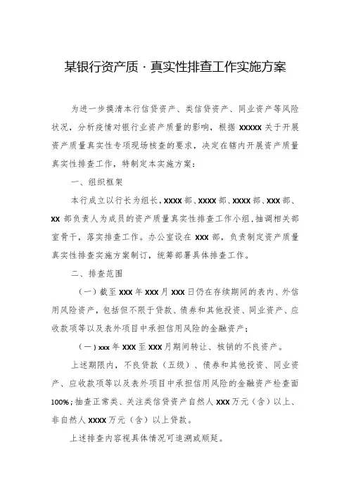某银行资产质量真实性排查工作实施方案