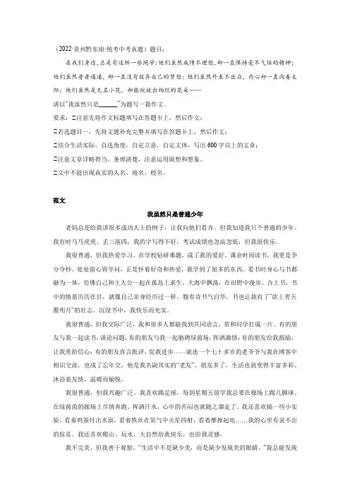 中考作文《我虽然只是普通少年》写作指导及范文