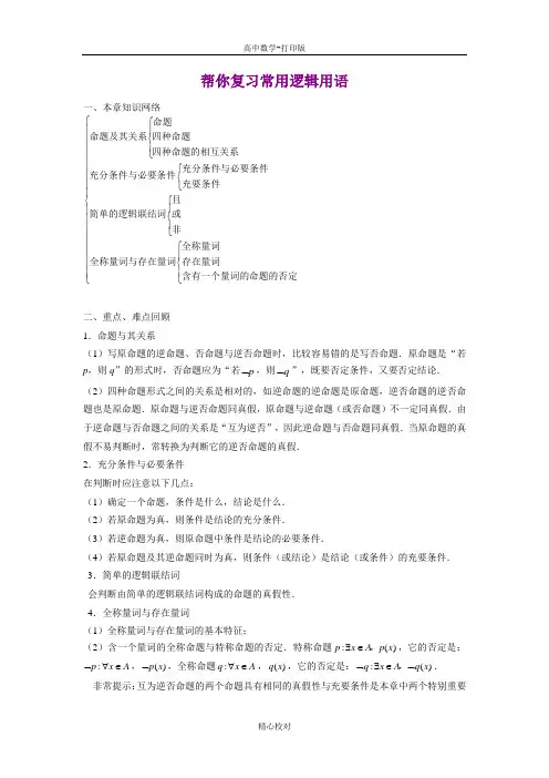 高中数学备课资料帮你复习常用逻辑用语