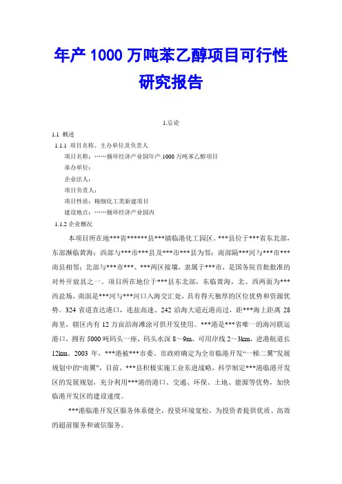 年产1000万吨苯乙醇项目可行性研究报告