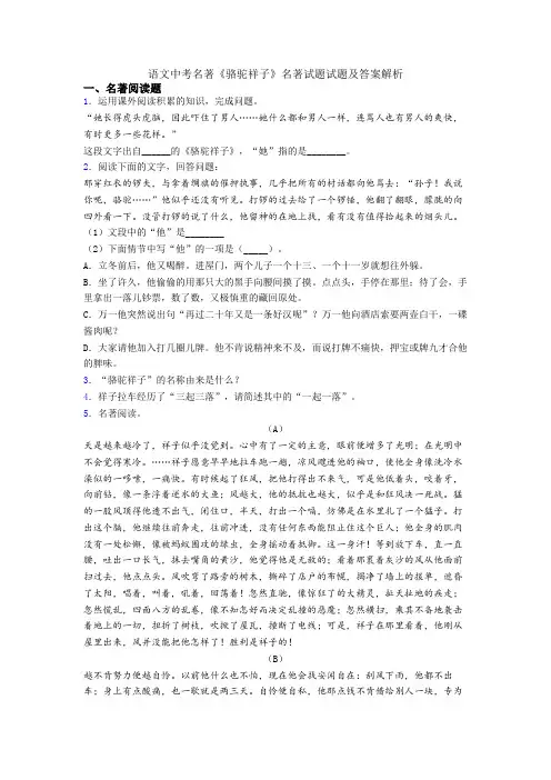 语文中考名著《骆驼祥子》名著试题试题及答案解析