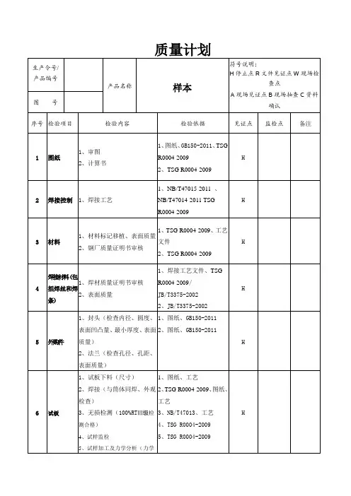 压力容器质量计划