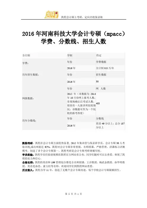 2016年河南科技大学会计专硕(mpacc)学费、分数线、招生人数