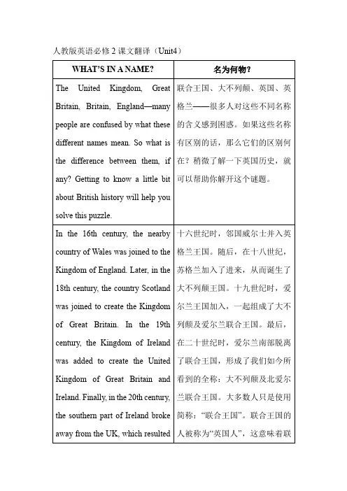 人教版英语必修2课文翻译(Unit4)
