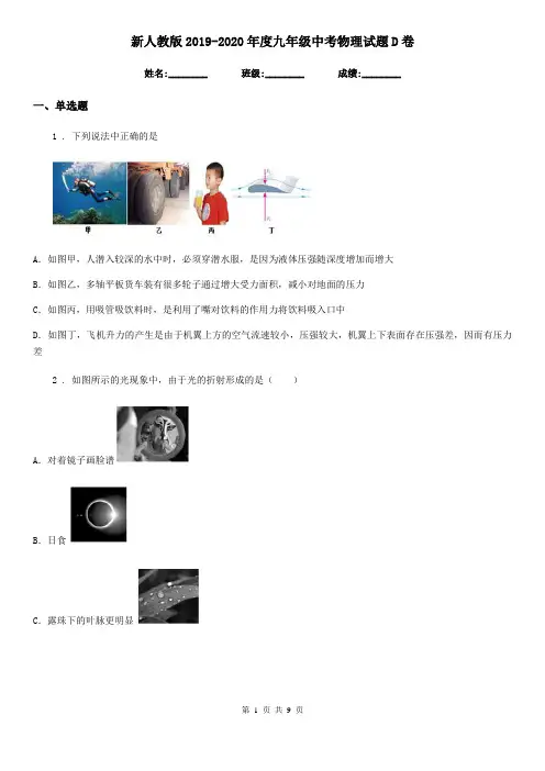 新人教版2019-2020年度九年级中考物理试题D卷(模拟)