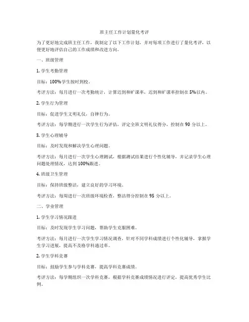 班主任工作计划量化考评