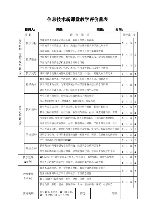 信息技术新课堂教学评价量表