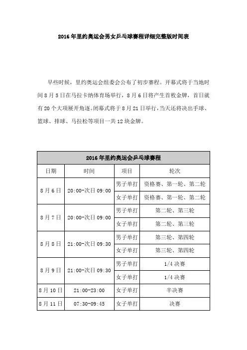 2016年里约奥运会男女乒乓球赛程详细完整版时间表