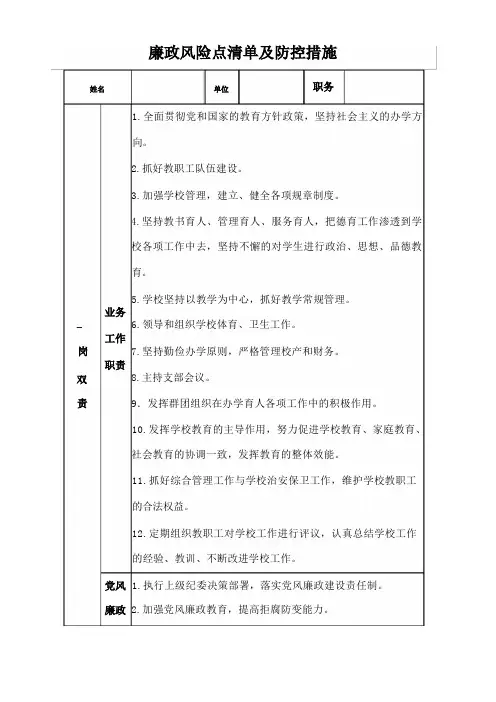 高中学校廉政风险点清单及防控措施