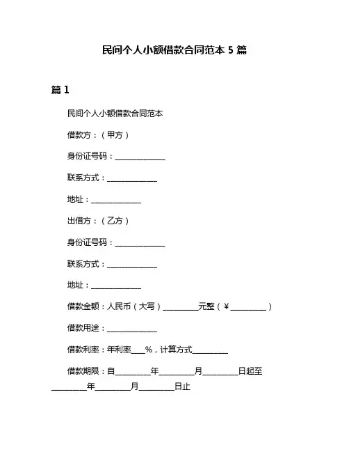 民间个人小额借款合同范本5篇