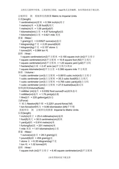 公制单位到英制单位的换算MetrictoImperialUnits
