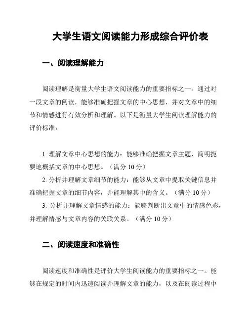 大学生语文阅读能力形成综合评价表