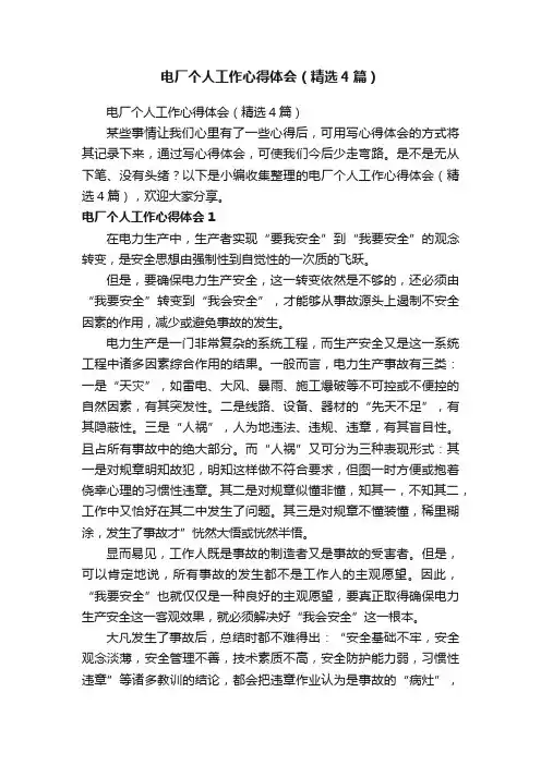 电厂个人工作心得体会（精选4篇）
