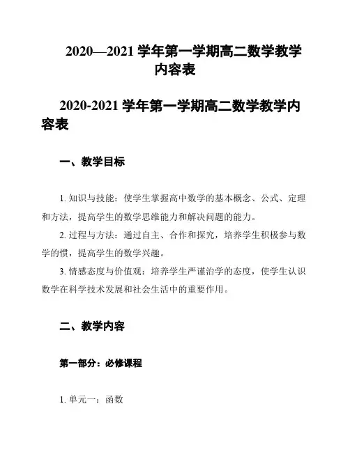 2020—2021学年第一学期高二数学教学内容表