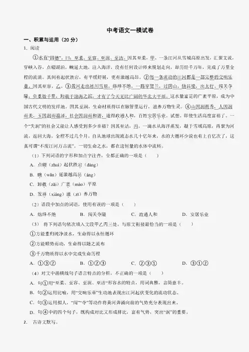 湖南省衡阳市中考语文一模试卷附参考答案