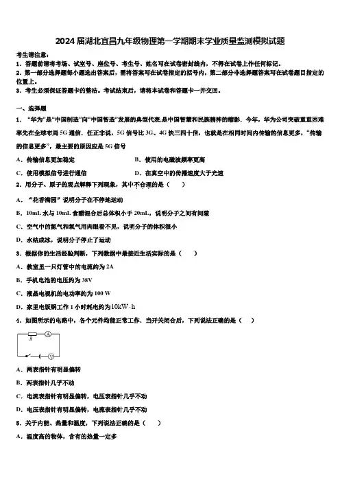 2024届湖北宜昌九年级物理第一学期期末学业质量监测模拟试题含解析