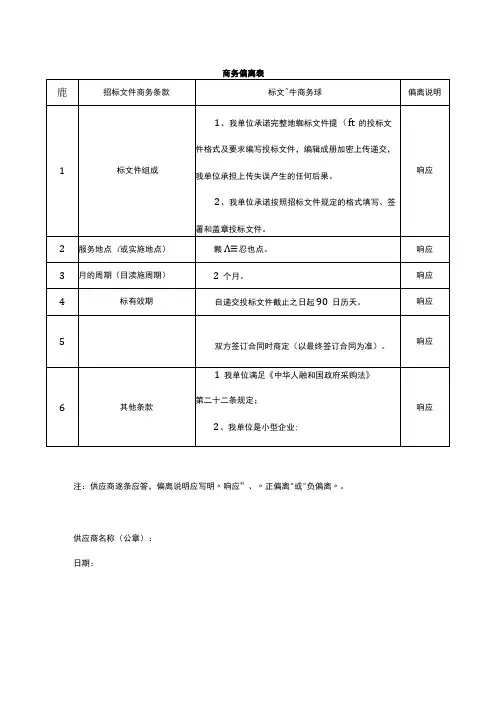 商务偏离表