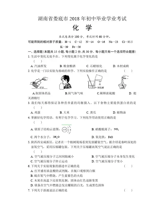 2018年湖南省娄底市中考化学真题含答案解析