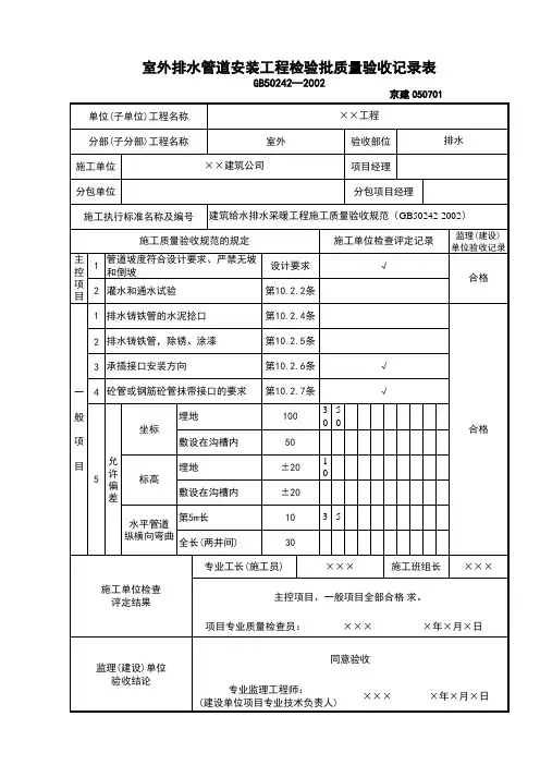 室外排水管道安装工程检验批