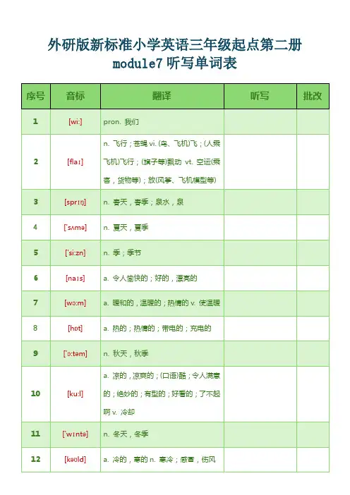外研版新标准小学英语三年级起点第二册module7听写单词表