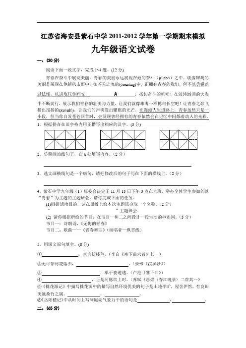 苏教版语文九年级上册期末模拟测试卷