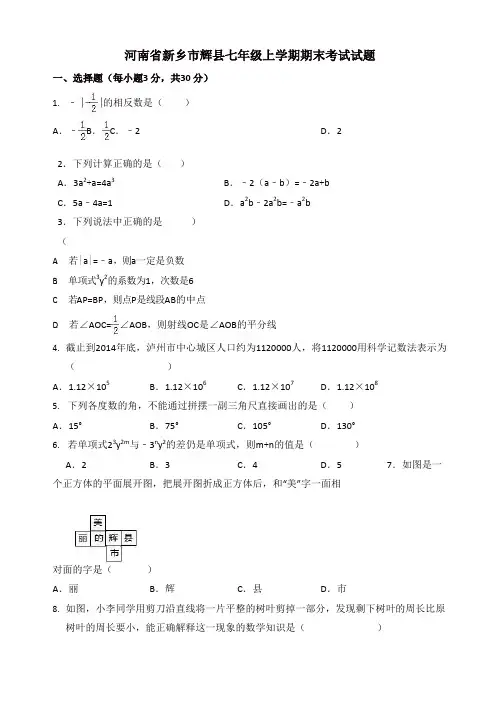 2019年河南省新乡市辉县七年级上册期末数学试题(有答案)