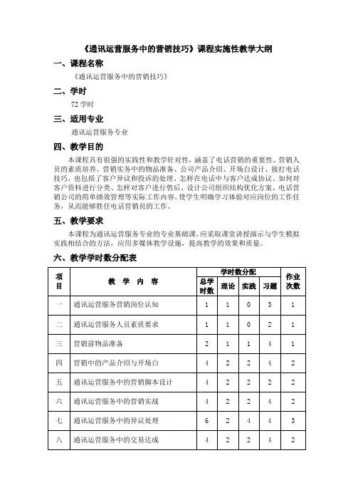 《通迅运营服务中的营销技巧》教学大纲—实践类科目 王海鸥