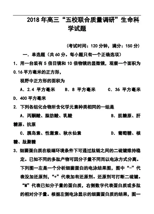 2018届上海市五校高三第二次联考生物试题及答案  精品推荐