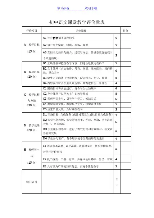 初中语文课堂教学评价量表