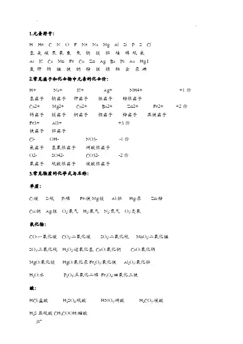 初中化学必背化学式