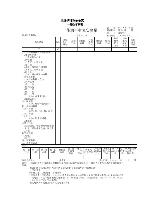 能源统计报表表式