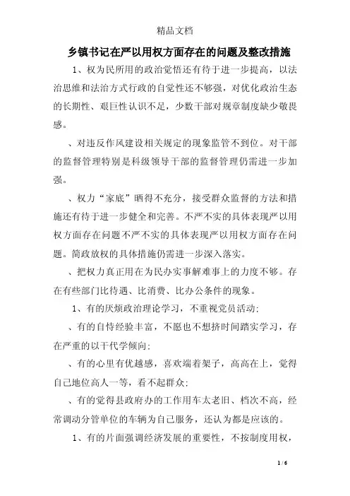 乡镇书记在严以用权方面存在的问题及整改措施