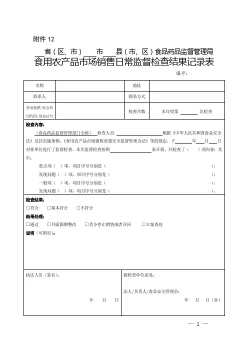 食用农产品市场销售日常监督检查结果记录表