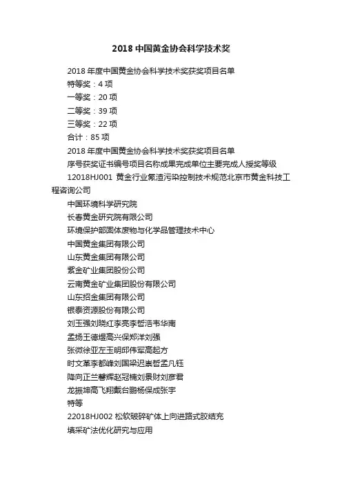 2018中国黄金协会科学技术奖