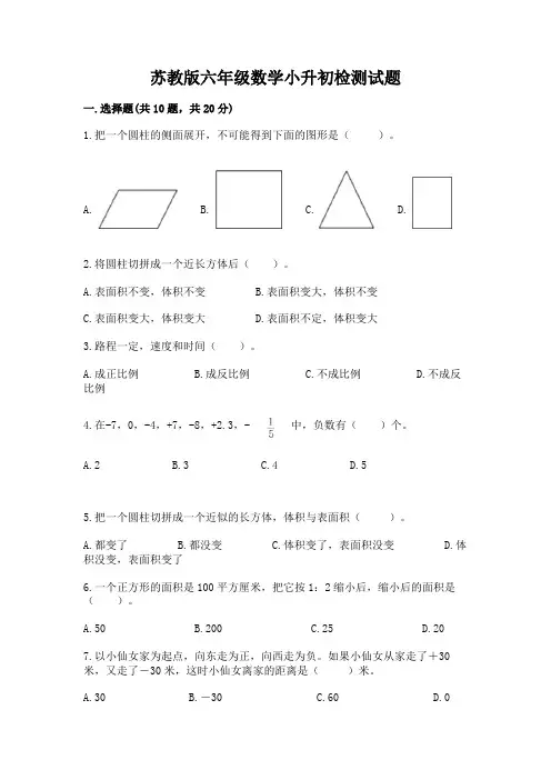 苏教版六年级数学小升初检测试题及参考答案【完整版】
