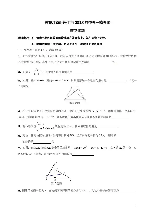 黑龙江省牡丹江市2018届中考数学一模考试试题(附答案)