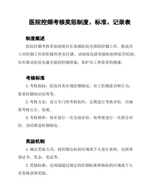 医院控烟考核奖惩制度、标准、记录表
