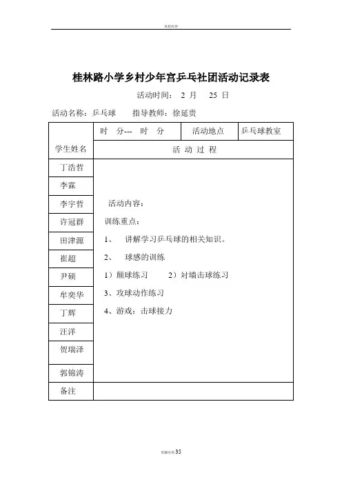 乡村少年宫乒乓球活动记录
