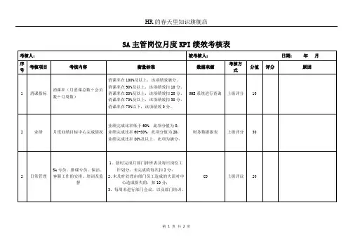 SA主管岗位月度KPI绩效考核表
