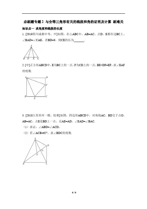 八年级数学专题2_与全等三角形有关的线段和角的证明及计算 练习测试