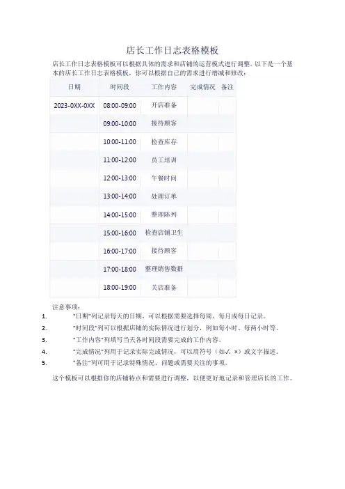 店长工作日志表格模板